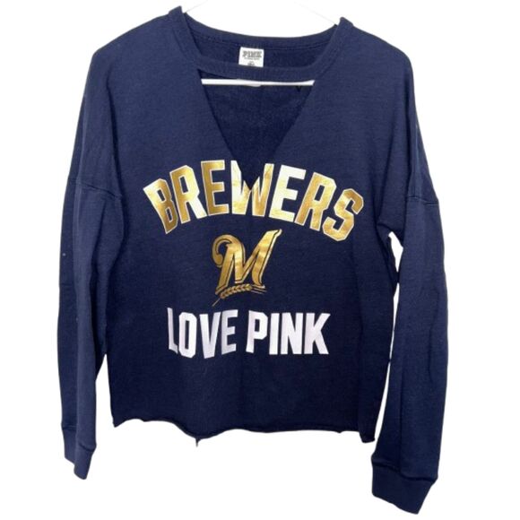 PINK Victoria's Secret Tops - PINK Victoria's Secret Milwaukee Brewers Fleece Sweatshirt size XS Blue E56